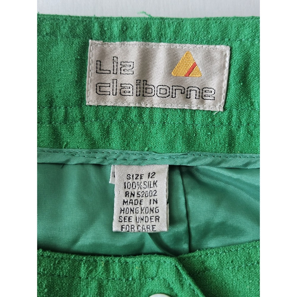 Vtg Liz Claiborne Kelly Green Pleated Hidden Button Silk Midi Skirt 12 - Picture 10 of 16